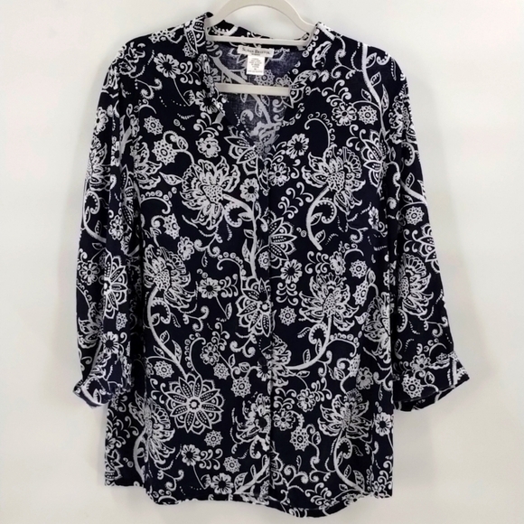 Susan Bristol Navy/white print size 1X button down blouse 3/4 sleeve 100% linen - Picture 1 of 7